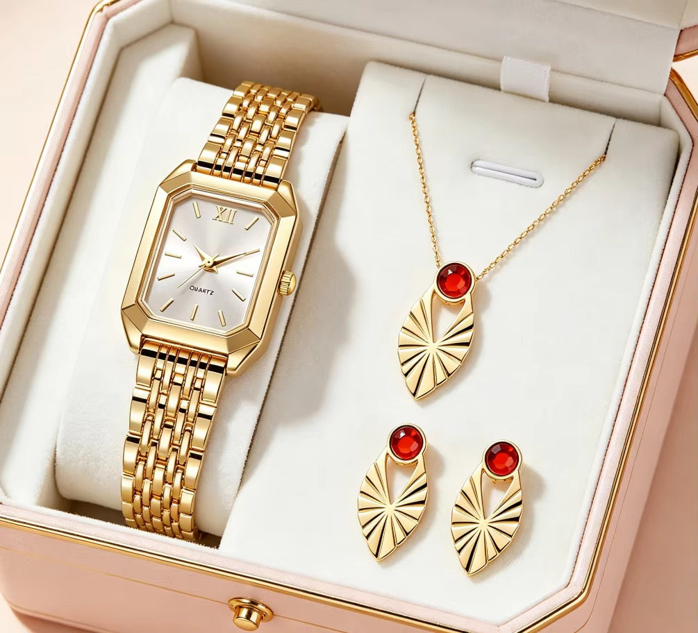 Stainless steel Gold Plated Necklace with Watch